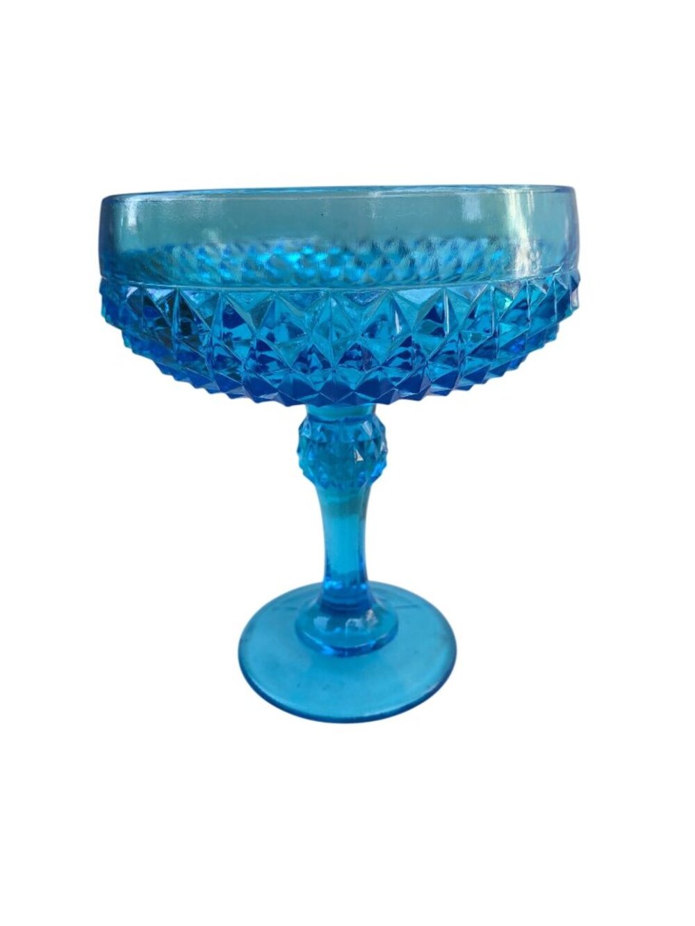 Vintage Indiana Glass Diamond Point Turquoise Blue Pedestal Compote Dish Elegant
